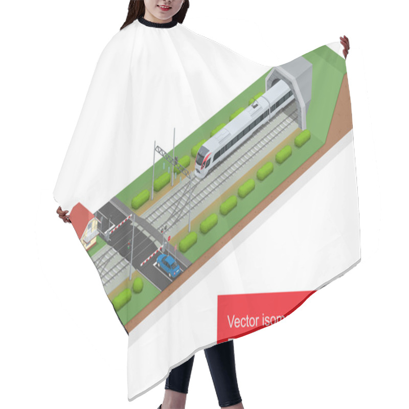 Personality  Vector Isometric Illustration Of A Railway Junction. Railway Junction Consist Of Modern High Speed Train, Railway Tunnel, Railway Crossing, And Railroad Isolated Elements For Rail Freight Hair Cutting Cape