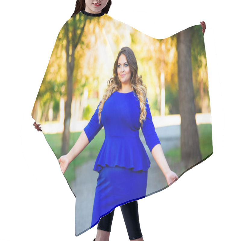 Personality  Happy Plus Size Model In Blue Dress Outdoors, Fat Woman In Autumn Park Among Yellow Leaves, Beauty In Nature Hair Cutting Cape