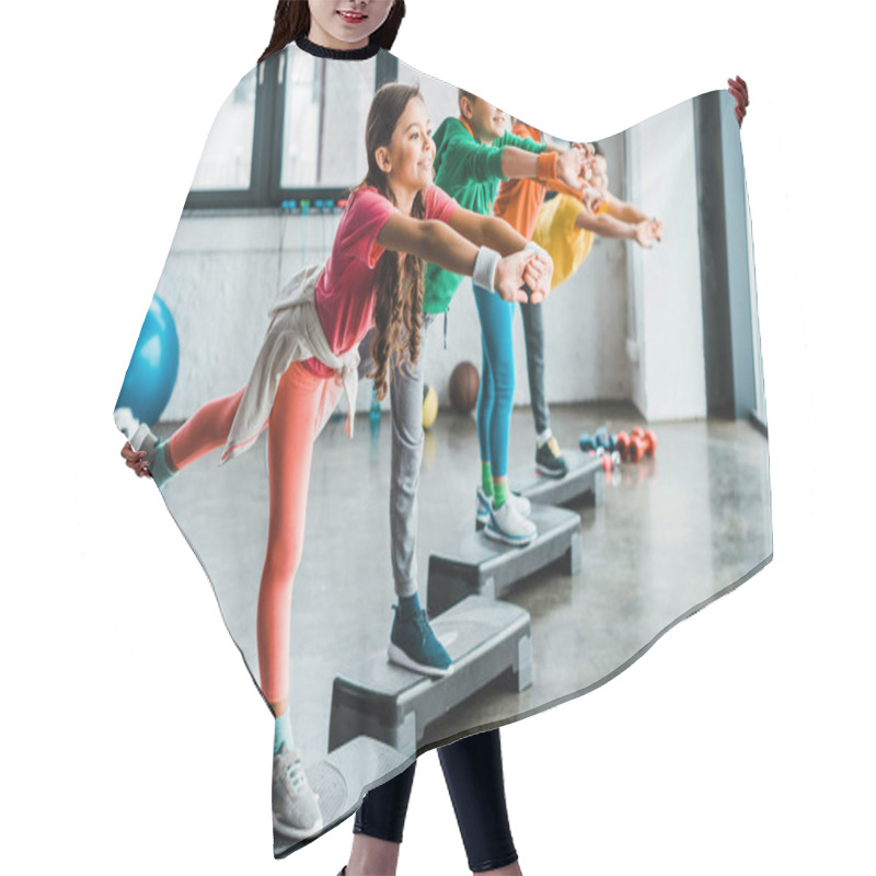 Personality  Cheerful Kids Doing Exercises With Step Platforms Hair Cutting Cape