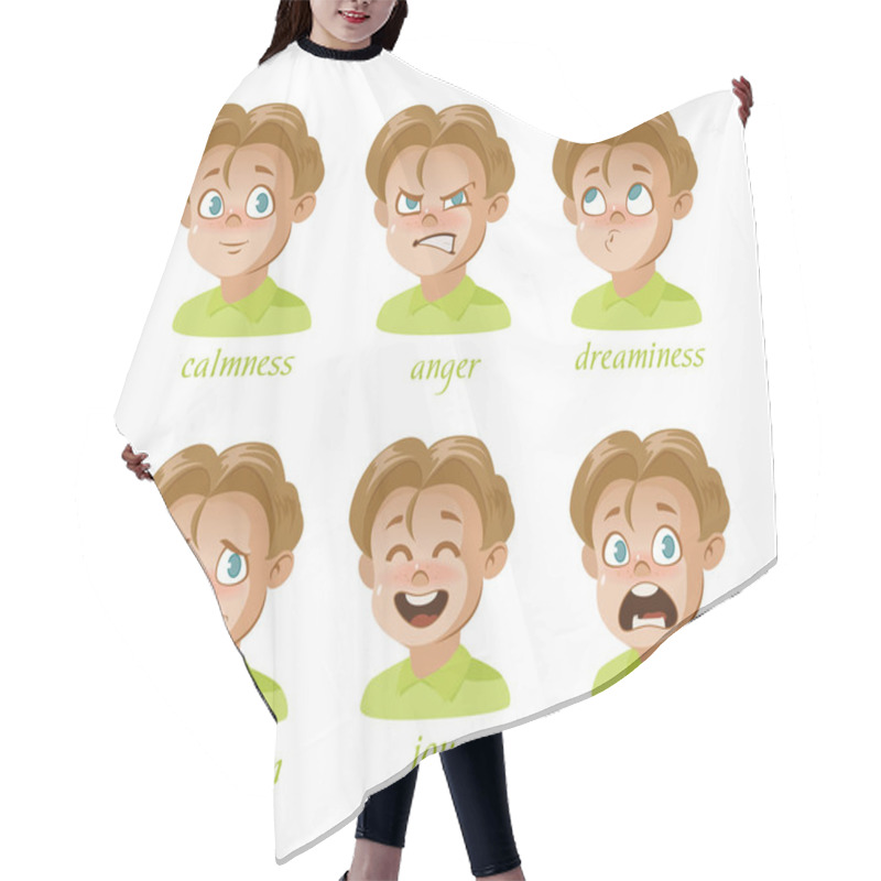 Personality  Boy Kid Avatar Character Expressions Set. Boy, Surprise, Frustration, Anger, Sadness, Calmness, Joy, Fear Hair Cutting Cape