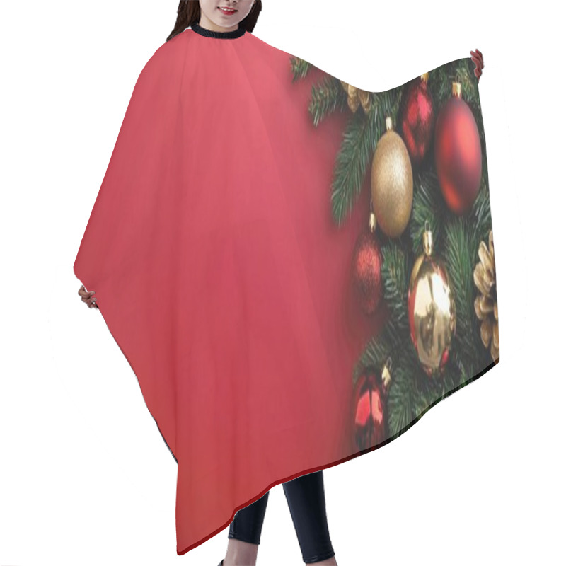 Personality  Festive Christmas Decorations With Red And Gold Ornaments On A Vibrant Red Background. Hair Cutting Cape