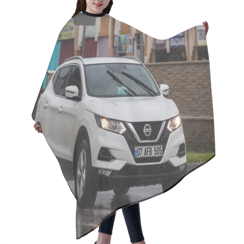 Personality  Side, Turkey -February  02, 2022: White Nissan Qashqai Is Driving  On The Street On A Warm Day Against The Backdrop Of A Buildung Hair Cutting Cape