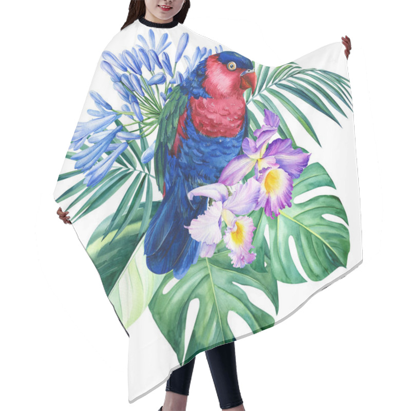 Personality  Watercolor Illustration With Parrot, Tropical Leaves, Flowers. Isolated On White Background Hair Cutting Cape