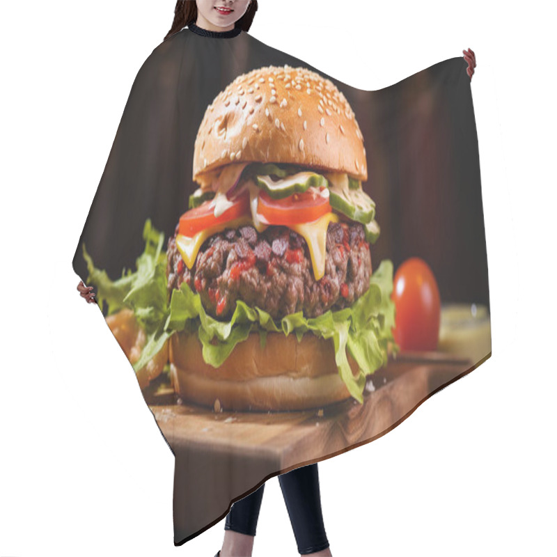 Personality  Big Tasty Hamburger On The Wooden Board, Soft Focus Background Hair Cutting Cape