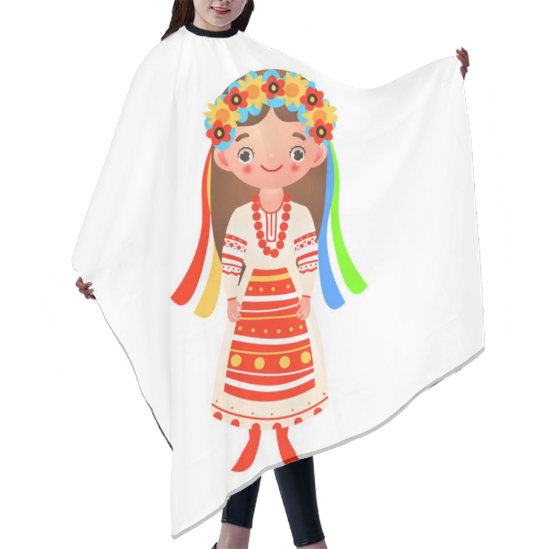 Personality  Ukrainian Girl In Traditional Folk Dress With Ribbons And Flowers. Vector Illustration In Flat Cartoon Style. Hair Cutting Cape