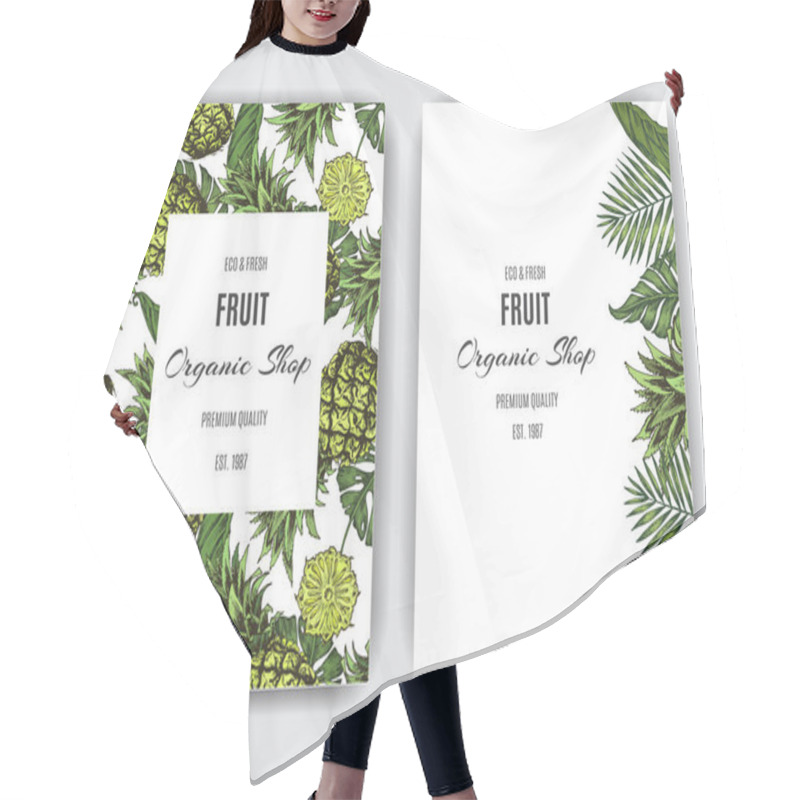 Personality  Card For Eco Store With Vector Illustration Of Pineapples And Palm Leaves Hair Cutting Cape