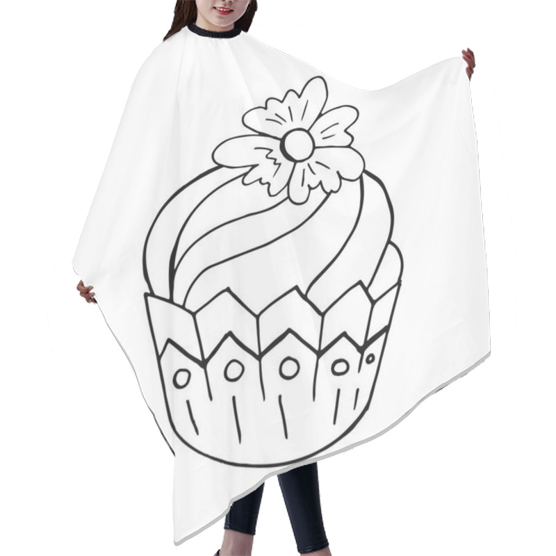 Personality  Cupcake Linear Icon With Flower, Muffin In Hand Draw Style. Vector Illustration For Your Design. Outline Drawing, Coloring Book. Sign Hair Cutting Cape