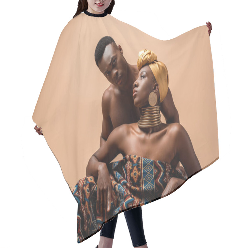 Personality  Sexy Naked Tribal Afro Woman Covered In Blanket Posing Near Man On Beige Hair Cutting Cape