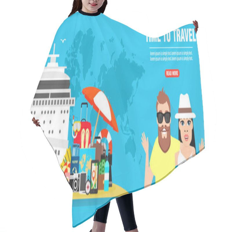 Personality  Time To Travel. Sea Cruise. Journey Of Young Couple Concept Design Flat Banner. Vector Illustration Hair Cutting Cape