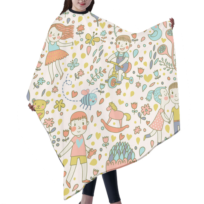 Personality  Cute Seamless Pattern With Children In The Garden. Hair Cutting Cape