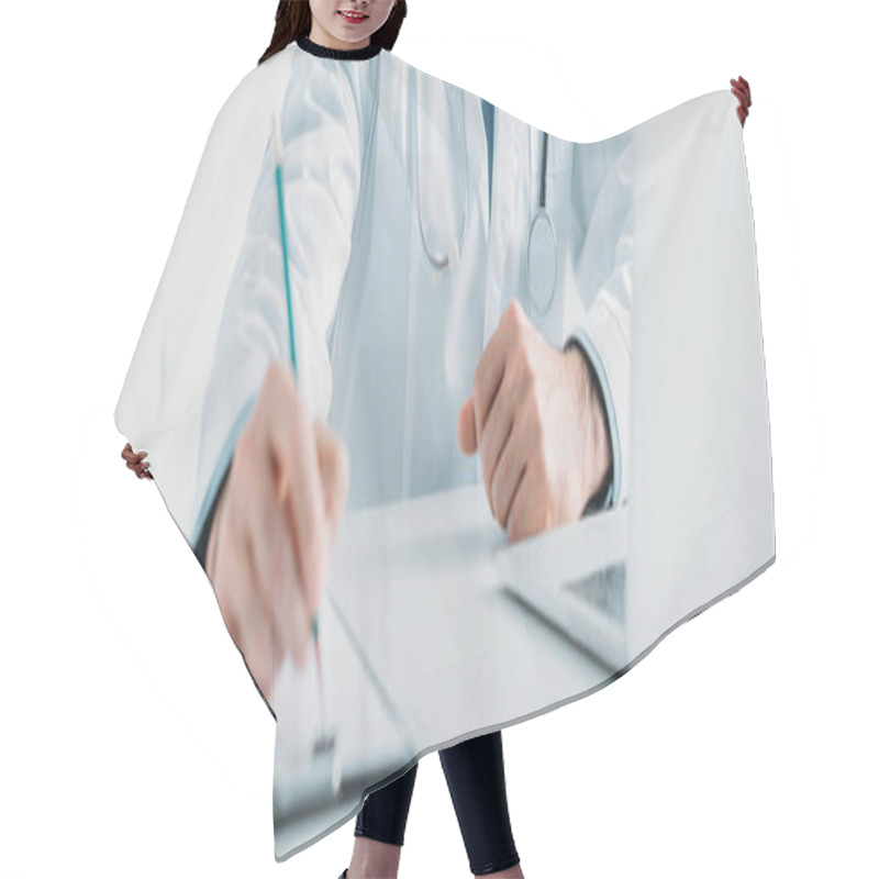 Personality  Cropped View Of Doctor Writing Prescription On Clipboard, Panoramic Shot  Hair Cutting Cape