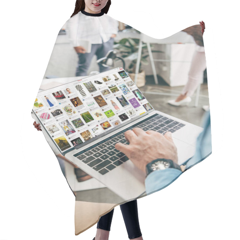 Personality  Cropped Shot Of Young Businessman Using Laptop With Pinterest Website On Screen Hair Cutting Cape