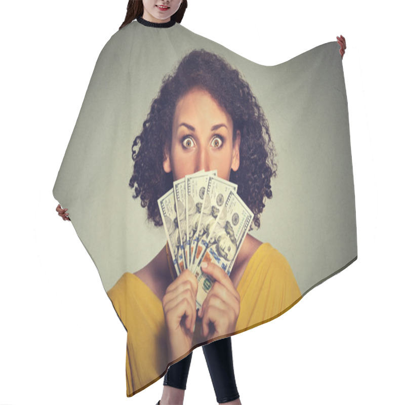 Personality  Scared Looking Woman Hiding Picking Through Dollar Banknotes  Hair Cutting Cape