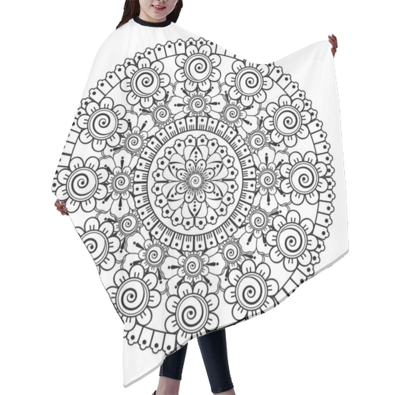 Personality  Circular Pattern In The Form Of Mandala With Flower For Henna, Mehndi, Tattoo, Decoration. Decorative Ornament In Ethnic Oriental Style. Coloring Book Page. Hair Cutting Cape