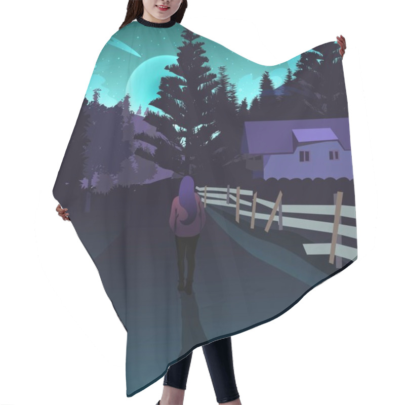 Personality  Woman Traveling In A Mountain Forest Under The Twilight And Lights Of The Aurora Borealis. Magic Blue And Purple Modern Neon Northern Lights Illustration. Futuristic Fantasy Vector Hair Cutting Cape