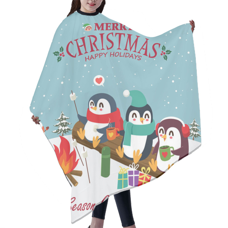 Personality  Vintage Christmas Poster Design With Vector Penguin, Snowman, Santa Claus, Elf Characters. Hair Cutting Cape