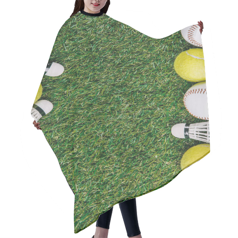 Personality  Top View Of Arrangement Of Badminton Shuttlecocks, Tennis And Baseball Balls On Green Lawn Hair Cutting Cape