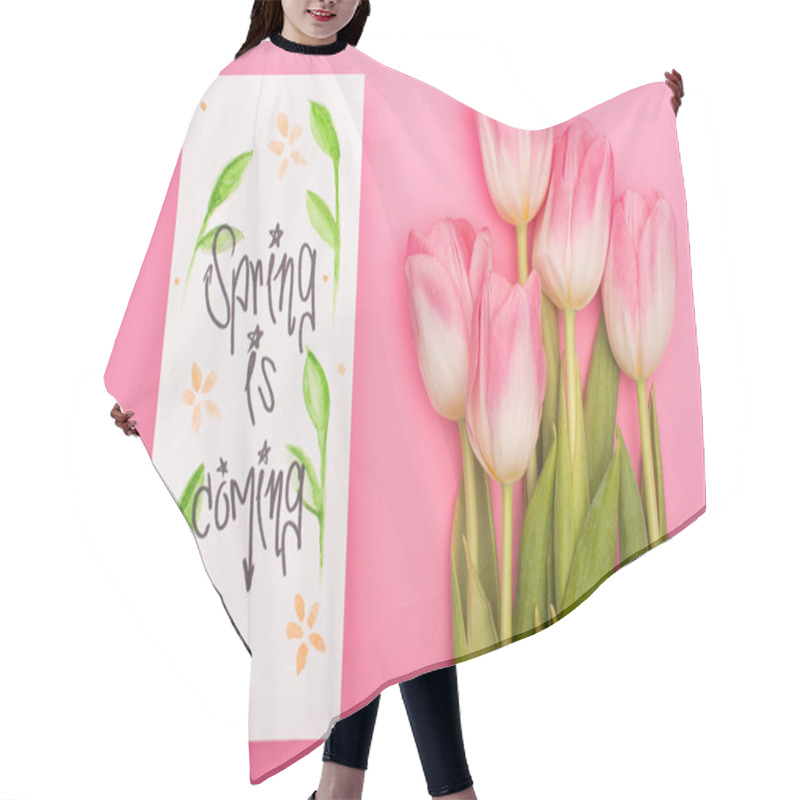 Personality  Top View Of Tulips And Card With Spring Is Coming Lettering On Pink Background Hair Cutting Cape