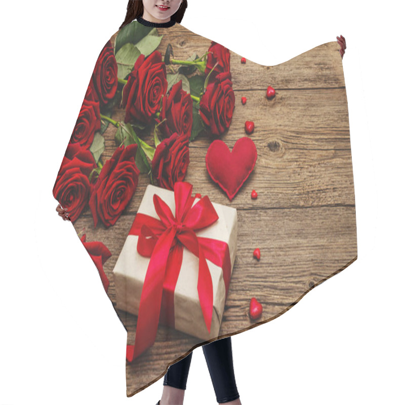 Personality  Valentine Greeting Card Background With Gift Boxes, Fresh Burgundy Roses And Assorted Hearts. Vintage Wooden Table. Wedding Or Birthday Concept, Place For Text, Flat Lay Hair Cutting Cape