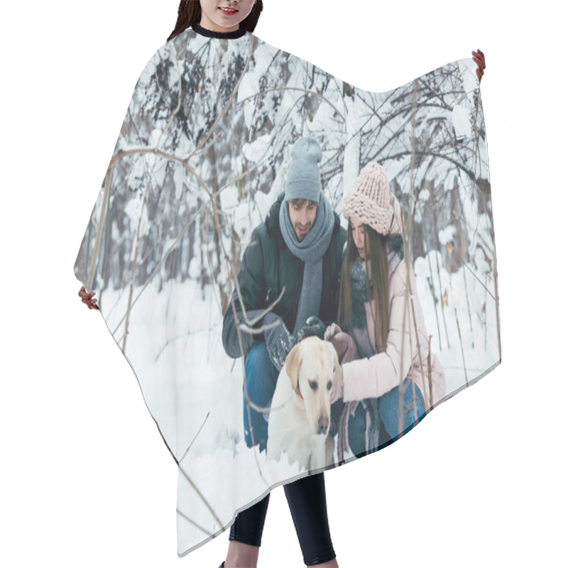 Personality  Young Couple Having Fun Together With Dog In Winter Park Hair Cutting Cape