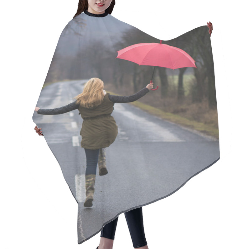 Personality  Rainy Day Woman Holding Red Umbrella Hair Cutting Cape