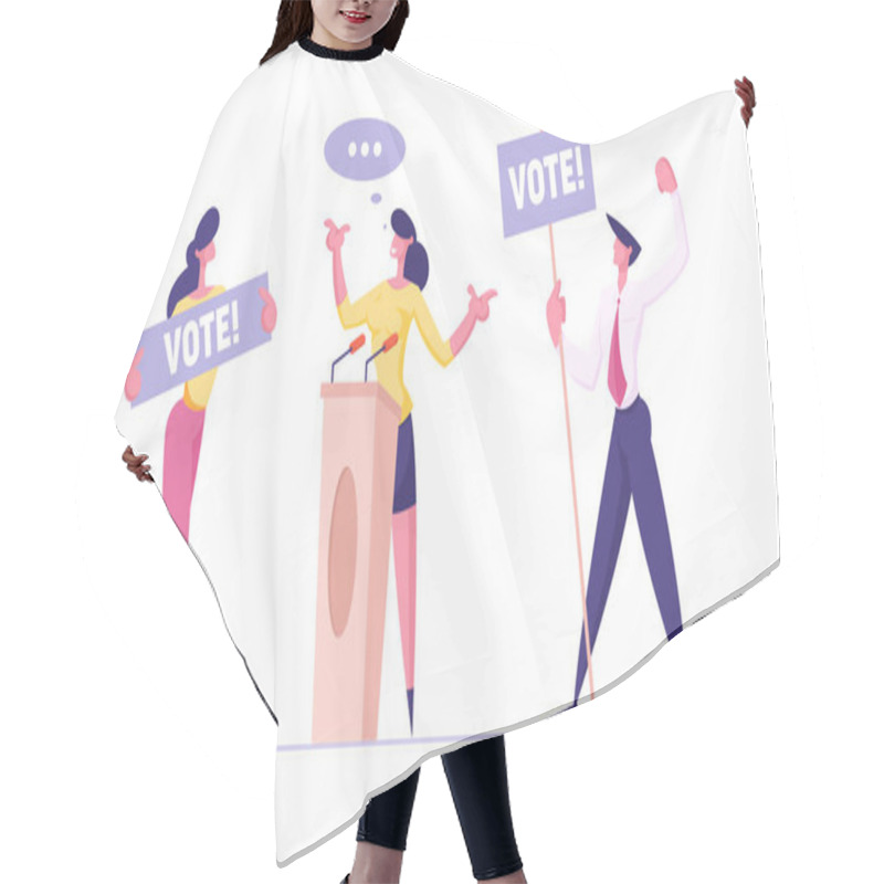 Personality  People Holding Vote Banners For Woman Speaker Candidate. Characters Law-abiding Citizen, City Dwellers Hair Cutting Cape