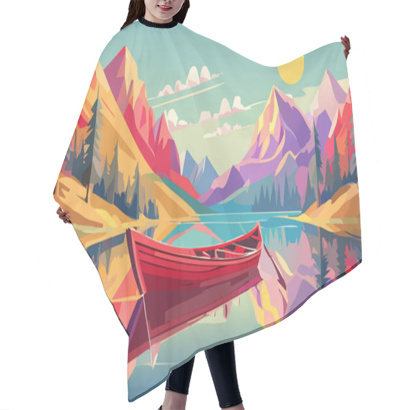 Personality  A Vibrant, Geometric Landscape Painting With A Small Boat On A Calm Lake, Surrounded By Colorful Mountains And A Bright Sky. Hair Cutting Cape