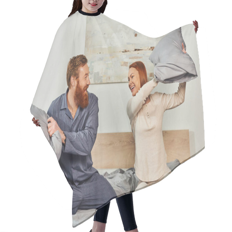 Personality  Day Off Without Kids, Having Fun, Pillow Fight, Redhead Husband And Wife, Happy Couple In Sleepwear Enjoying Time Together, Bearded Man And Carefree Woman, Tattooed People  Hair Cutting Cape