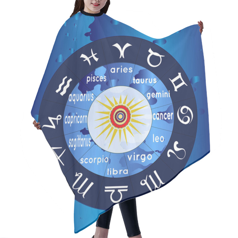 Personality  Astrological Circle With Signs Of Zodiac On Scy Background.  Hair Cutting Cape