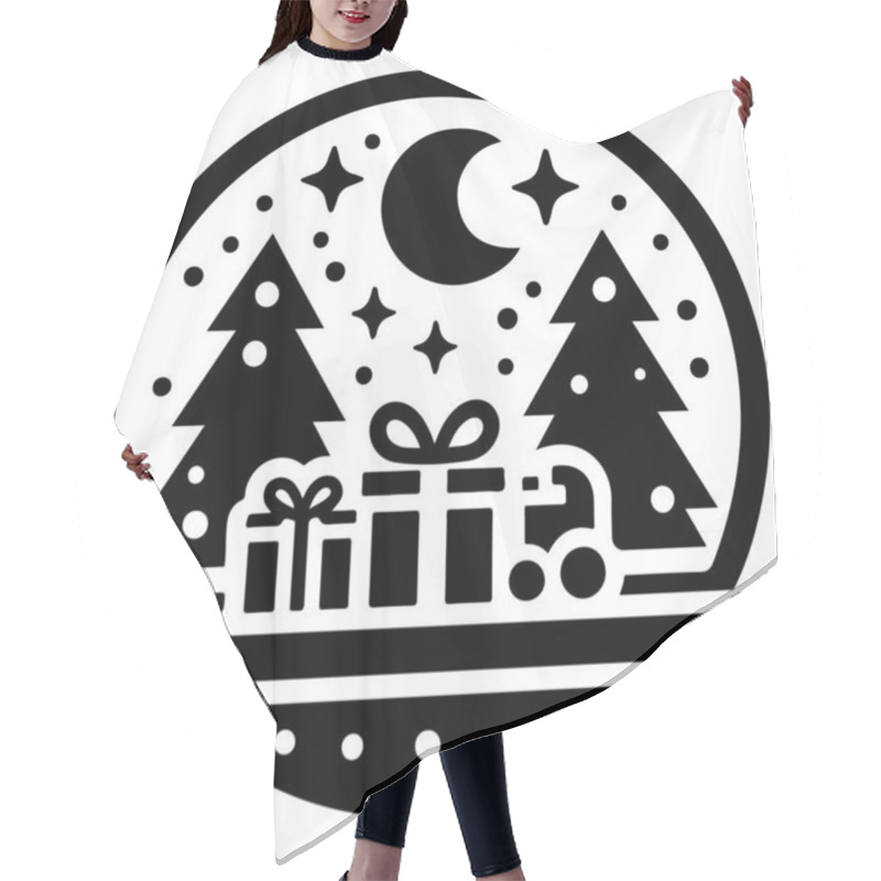 Personality  This Festive Vector Illustration Features A Stylized Christmas Tree Surrounded By Various Holiday-themed Elements, Including Snowflakes, Stars, And Decorative Dots. The Black And White Design Is Perfect For Holiday Greeting Cards, Seasonal Decoration Hair Cutting Cape