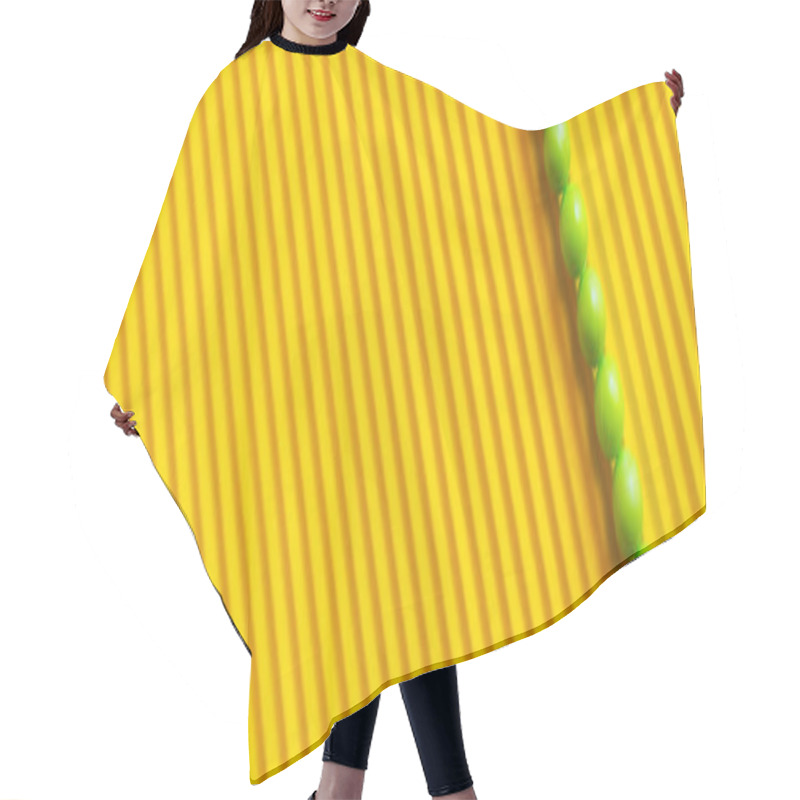 Personality  Top View Of Small Green Balls On Striped Yellow Background With Copy Space, Banner Hair Cutting Cape