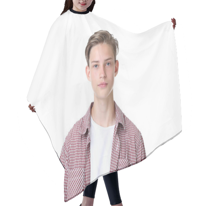 Personality  Cute Teenager Standing On White Background Hair Cutting Cape