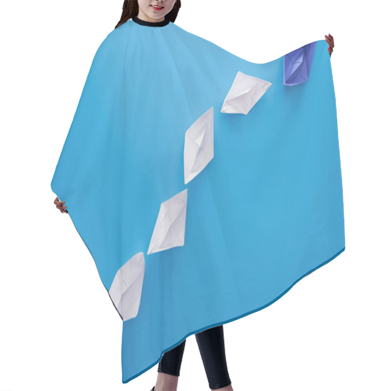 Personality  Flat Lay With White And Blue Paper Boats On Blue Hair Cutting Cape