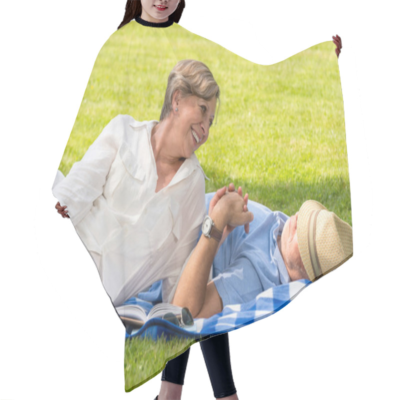 Personality  Elderly Couple Enjoying Relax Time In Park Hair Cutting Cape