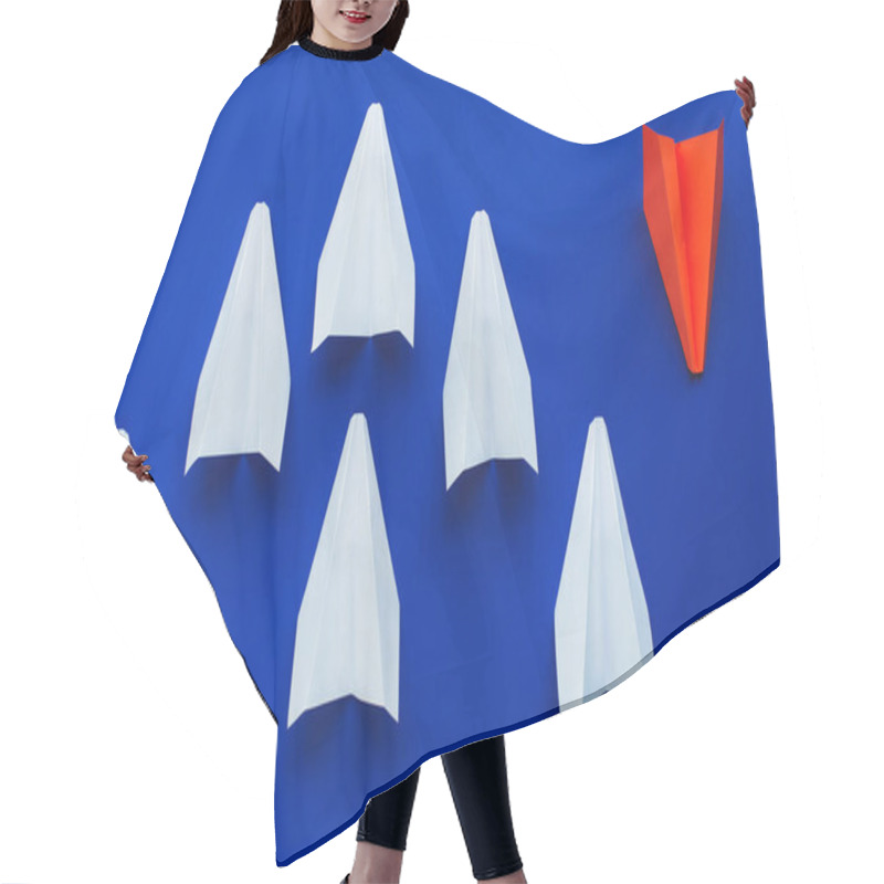 Personality  Top View Of White And Red Paper Planes On Blue Background, Leadership Concept  Hair Cutting Cape