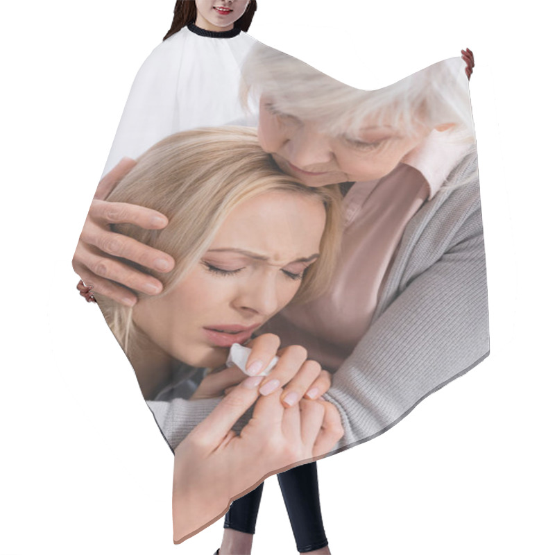 Personality  Crying Woman Holding Napkin Near Grey Haired Mother Embracing At Home  Hair Cutting Cape