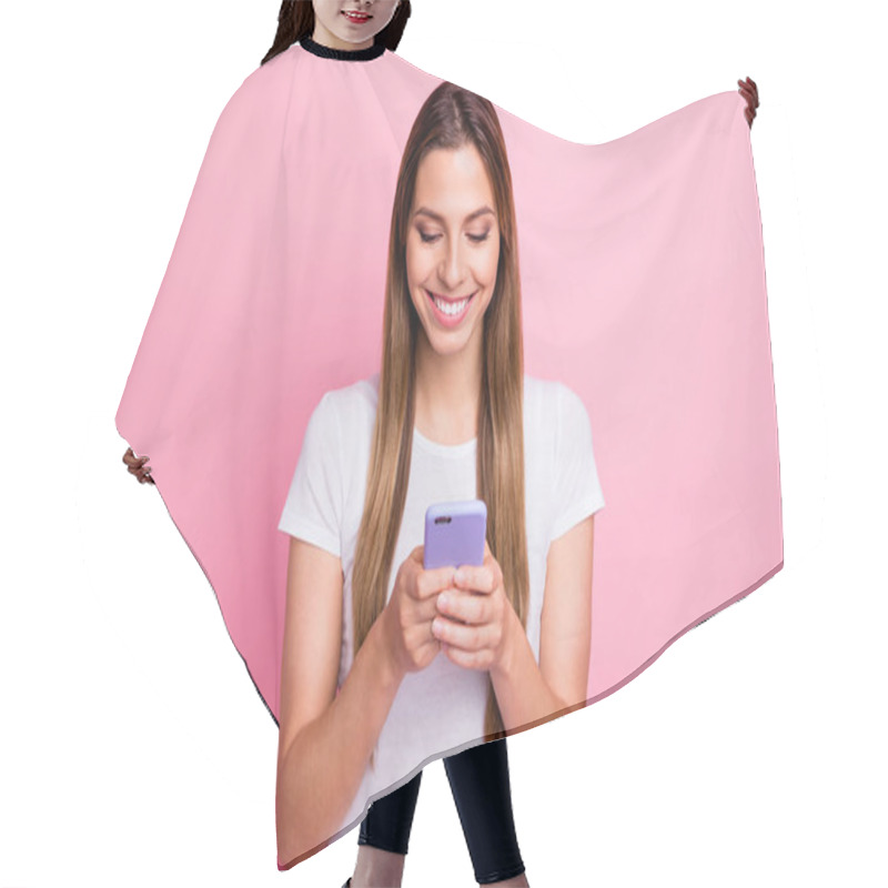 Personality  Which Picture Is Best. Photo Of Pretty Lady Holding Telephone Hands Texting Friends Sending New Just Made Selfies Wear Casual White T-shirt Isolated Pink Color Background Hair Cutting Cape