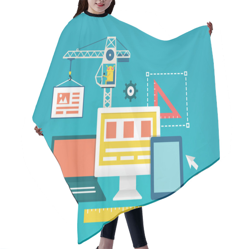 Personality  Vector Flat Illustration Of Process Coding And Programming Mobile Applications For Devices. Design And Programming Hair Cutting Cape