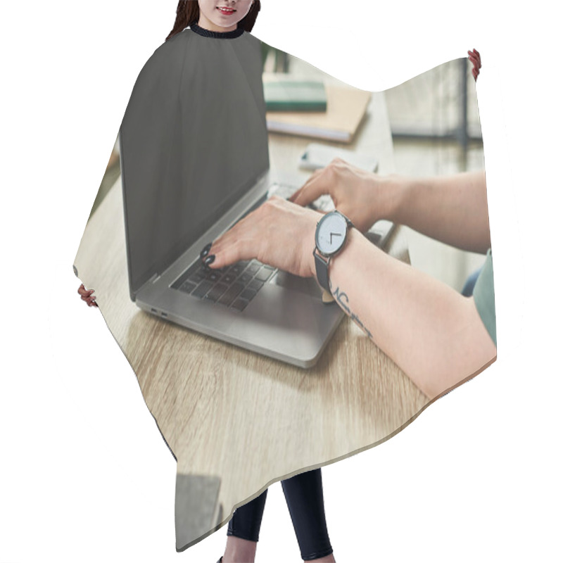 Personality  Cropped View Of Dedicated Businesswoman With Tattoo And Wristwatch Working On Her Laptop In Office Hair Cutting Cape