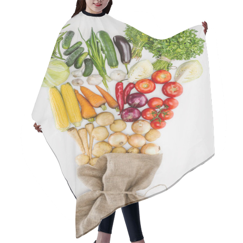 Personality  Top View Of Fresh Raw Vegetables And Sackcloth Arranged Isolated On Whit Hair Cutting Cape