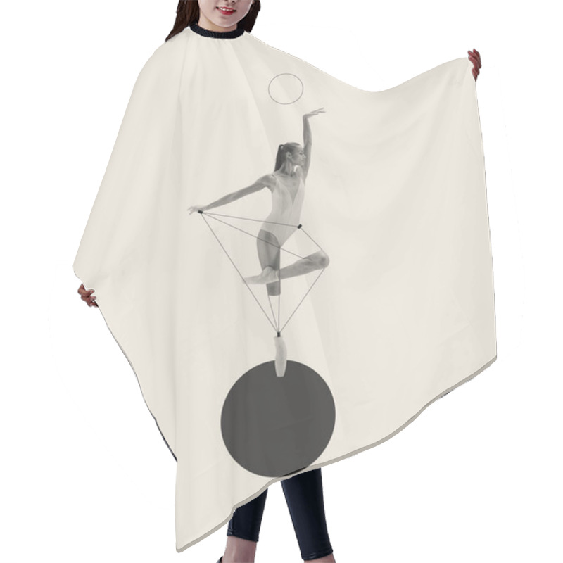 Personality  Contemporary Art Collage With Artistic Young Ballerina Dancing On Drawn Ball Isolated Over Grey Background. Line Art Design. Concept Of Classic Dance Style, Art, Show, Beauty, Inspiration Hair Cutting Cape