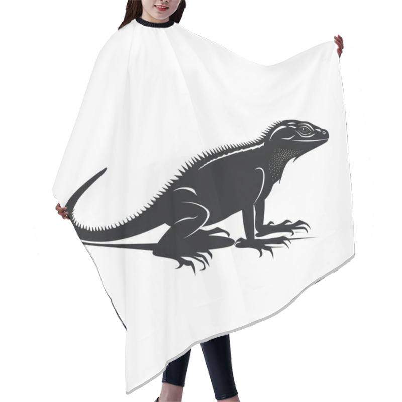 Personality  A Stylized Black Silhouette Of A Lizard, Showcasing Its Distinct Features And Spiky Back. Hair Cutting Cape