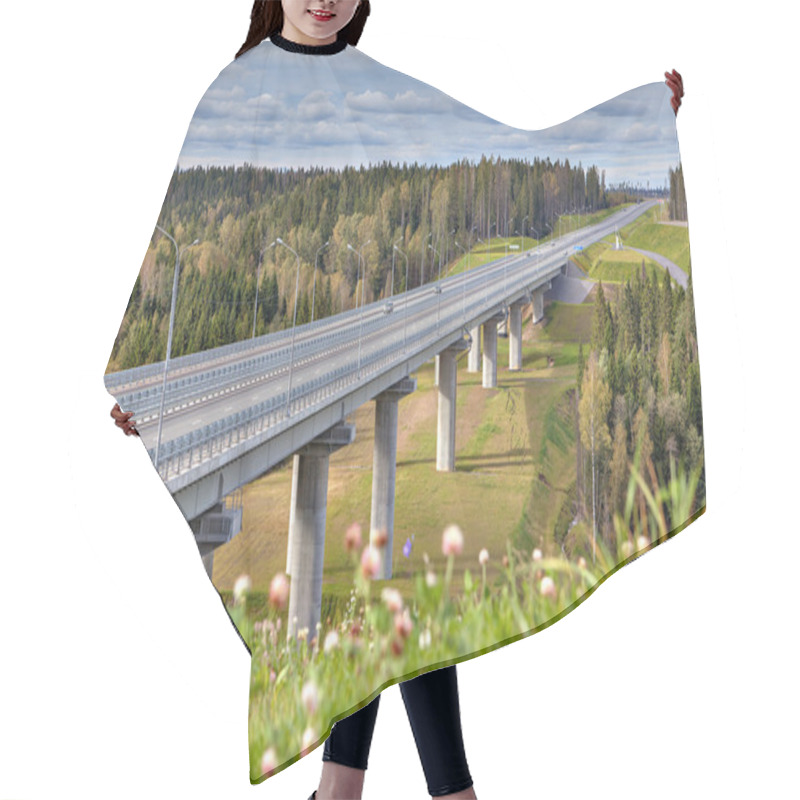 Personality  Steel Girder Bridge Viaduct On Freeway That Crosses Woods, Summer Daytime. Hair Cutting Cape