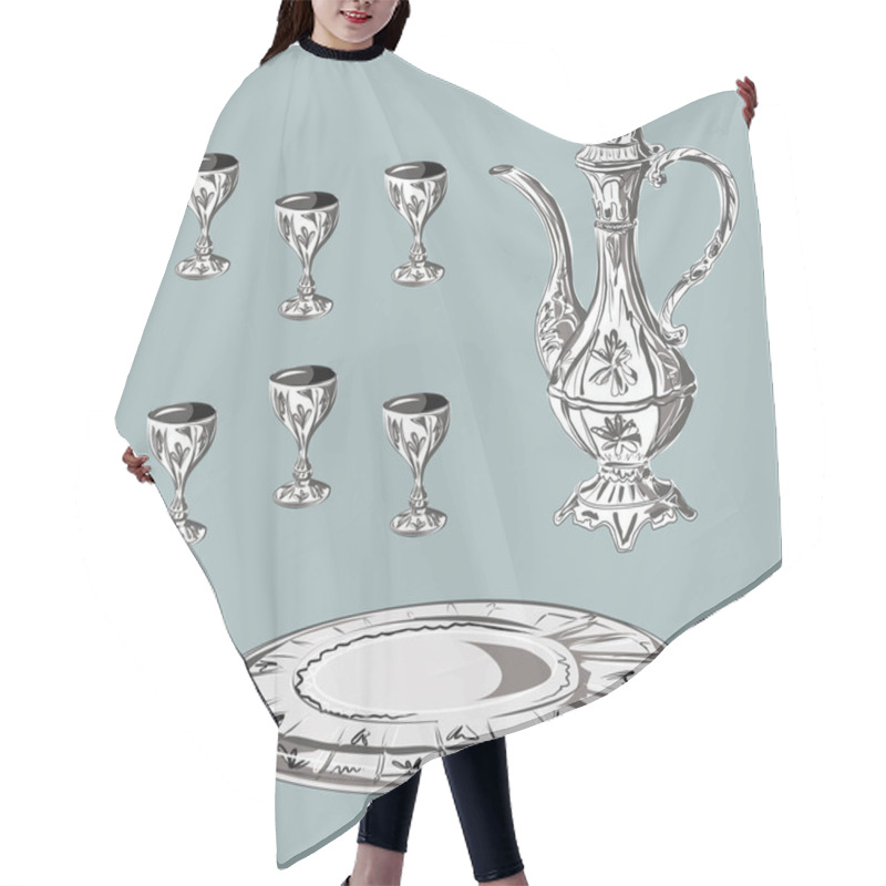 Personality  A Set Of Cognac, Wine, Liqueur. Jug, Glasses, Tray. Kitchenware. Dishes. Kitchen. Isolated Vector Objects. Hair Cutting Cape