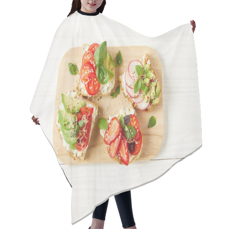 Personality  Top View Of Delicious Fresh Sandwiches On Cutting Board On White Wooden Surface Hair Cutting Cape