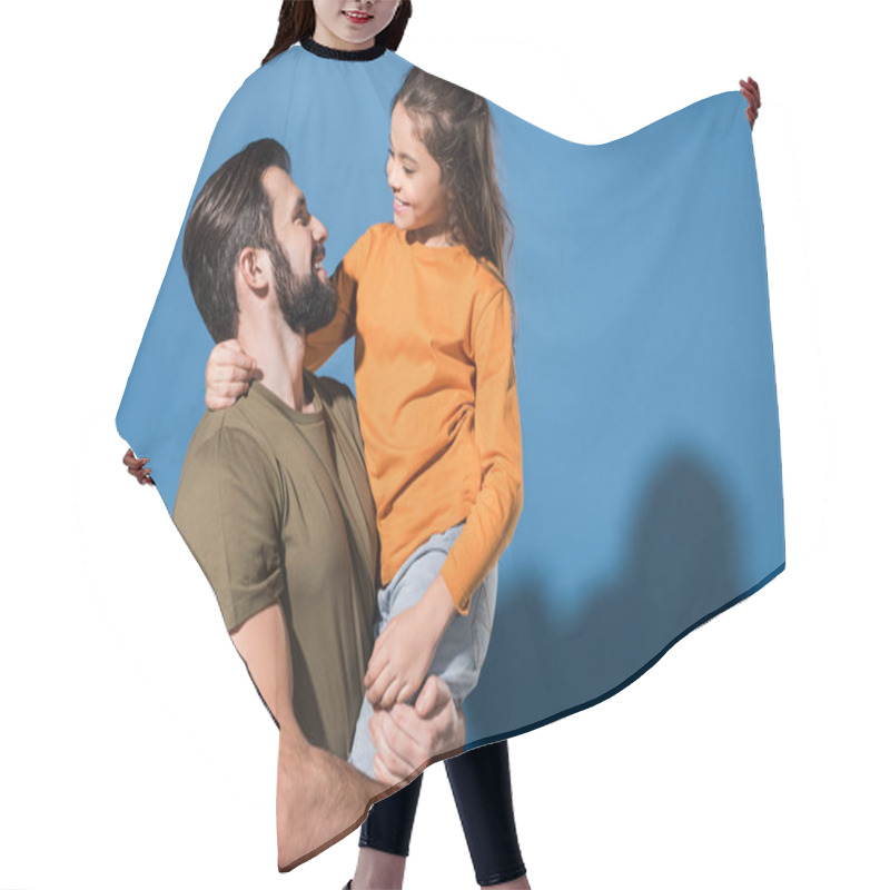 Personality  Handsome Father Holding Smiling Daughter On Blue Hair Cutting Cape