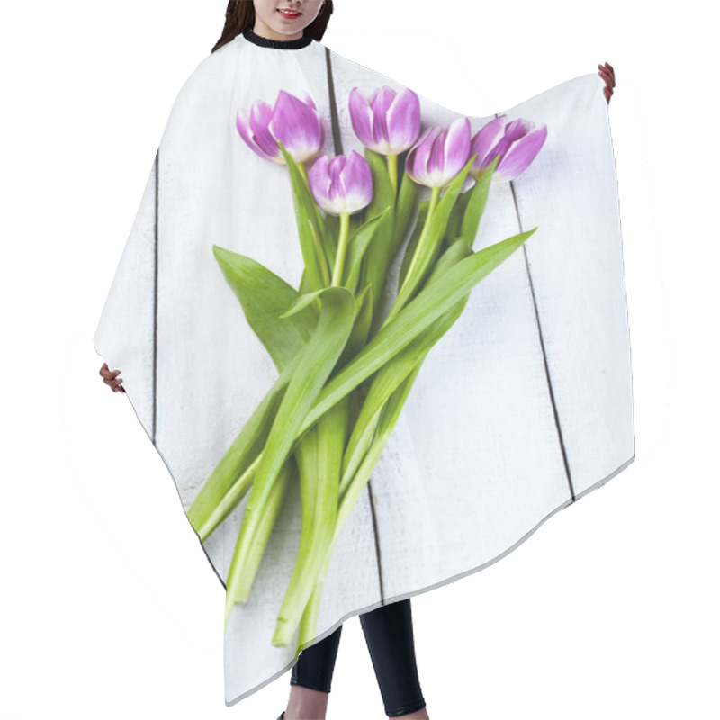 Personality  Purple Tulips On Wooden Background Hair Cutting Cape