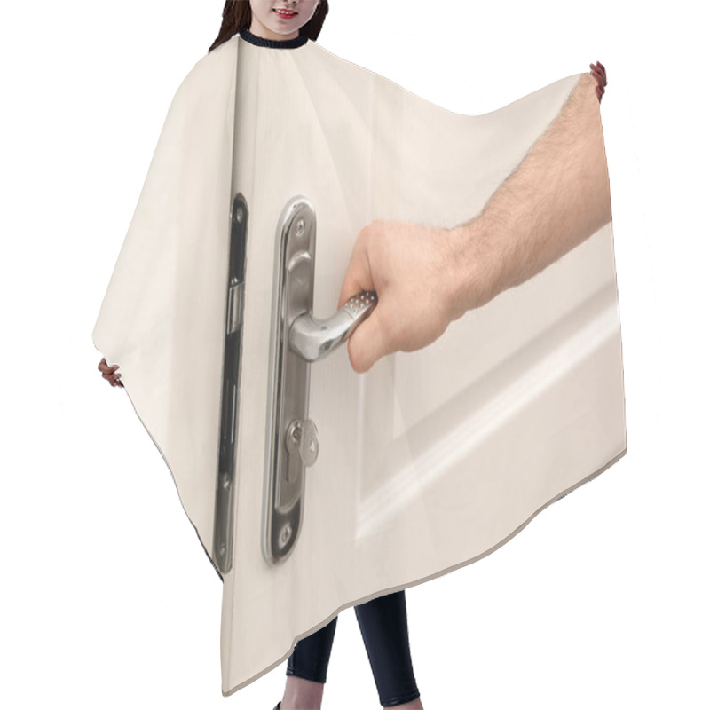 Personality  Man Opening Wooden Door, Closeup Of Hand Hair Cutting Cape