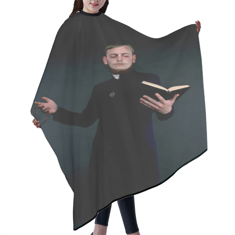 Personality  Halloween. A Man Dressed As The Evil Catholic Priest Hair Cutting Cape