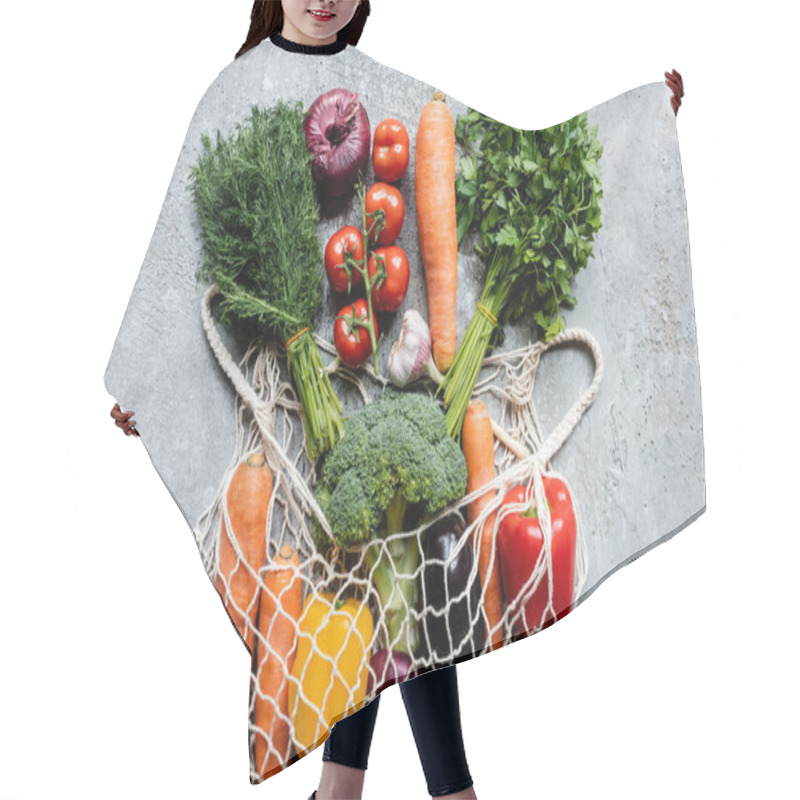 Personality  Top View Of Fresh Ripe Vegetables In String Bag On Grey Concrete Surface Hair Cutting Cape